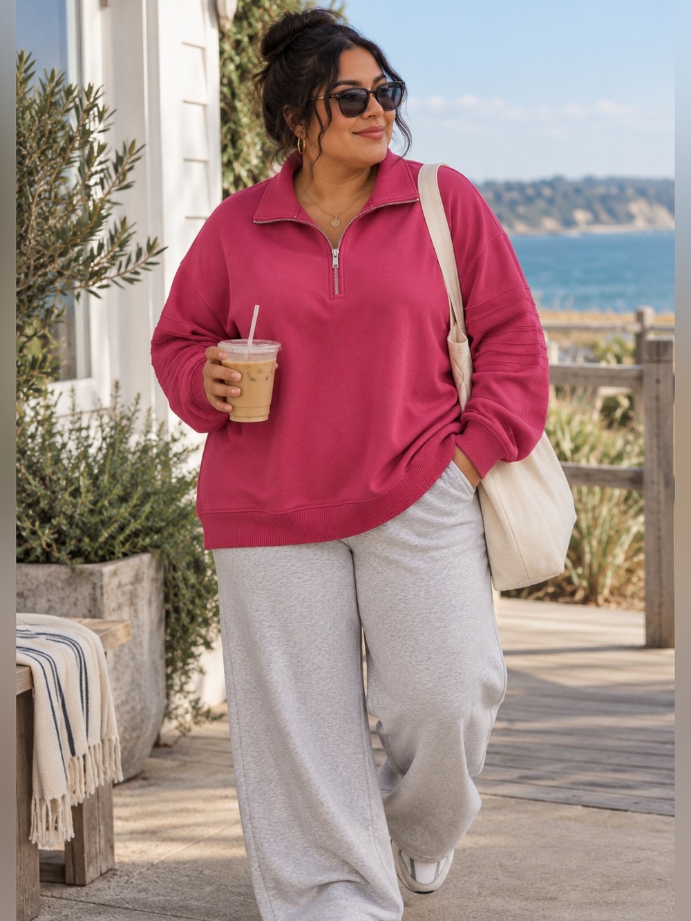 Westbound Woman 1X Raspberry Pink Oversized Quarter Zip Pullover Sweatshirt